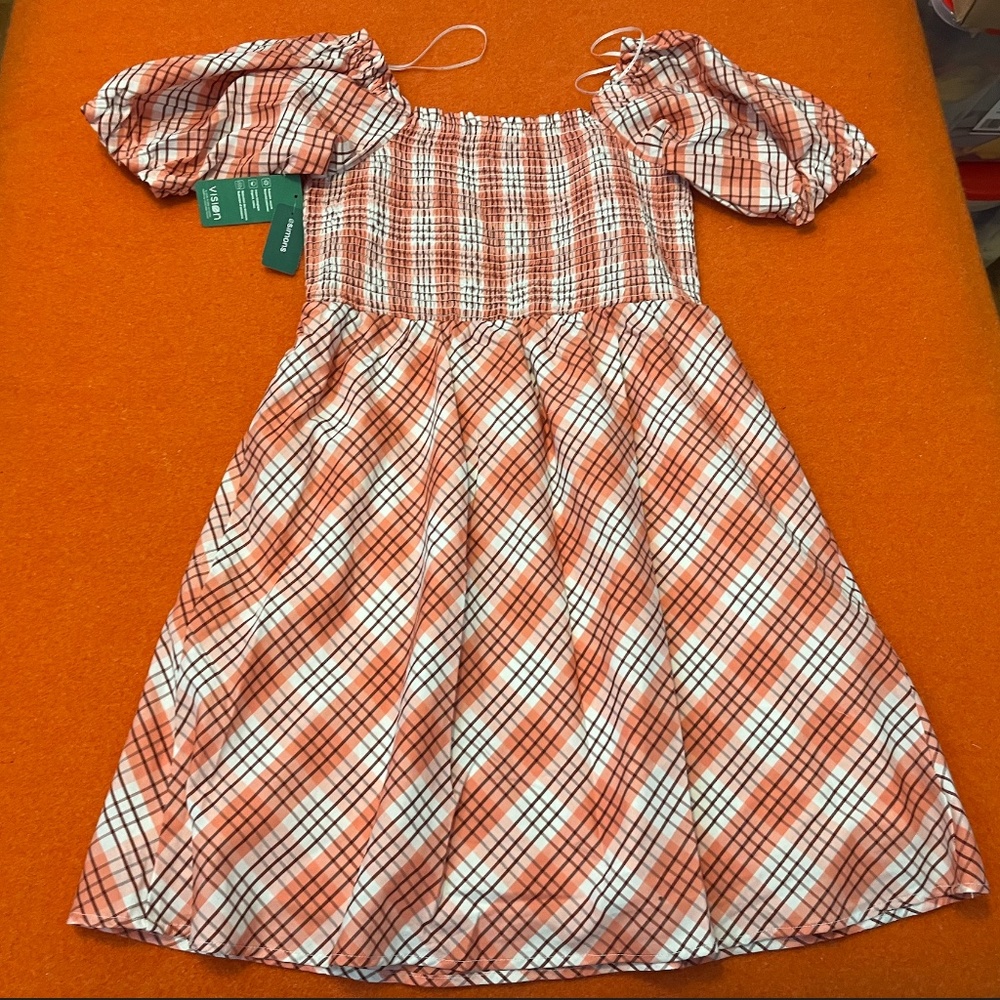 Check pink coral and white smocked puff sleeve square neck peasant dress NWT - Picture 9 of 12